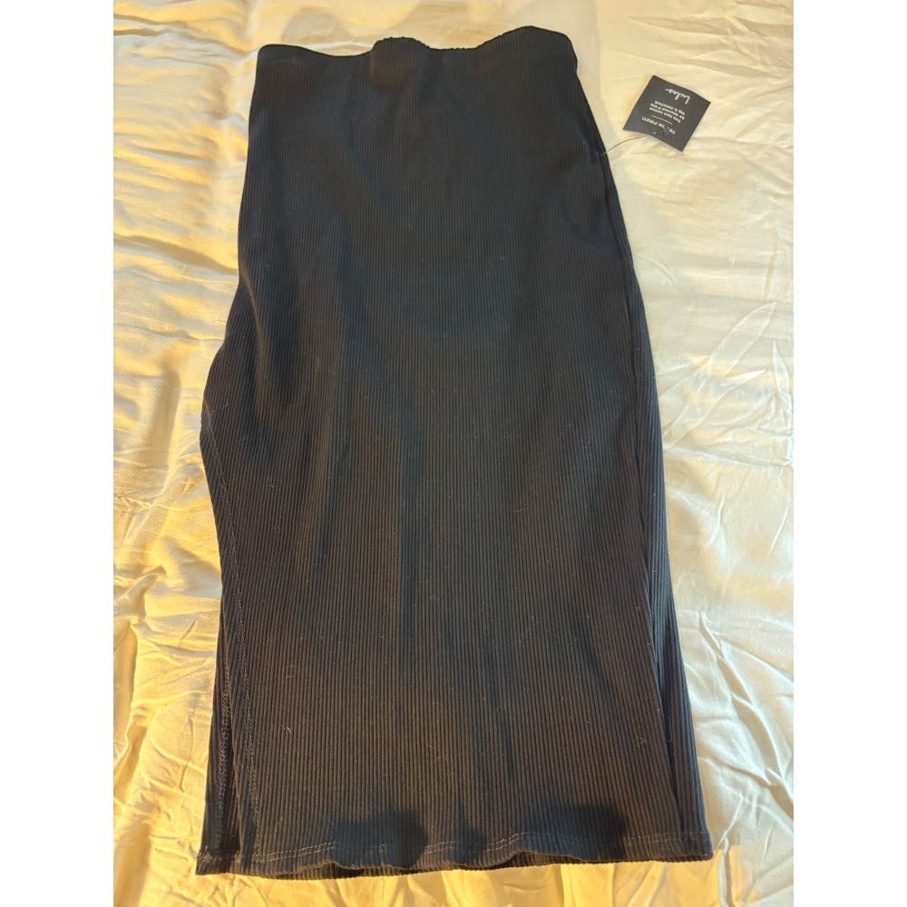 Lulus Black Ribbed Knit Midi Skirt Side Slit Bodycon High Waisted Large NWT